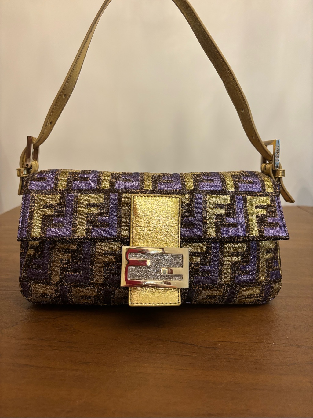 Authentic Fendi Purple And Gold Ff Baguette Shoulder Bag With Crystal Buckle
